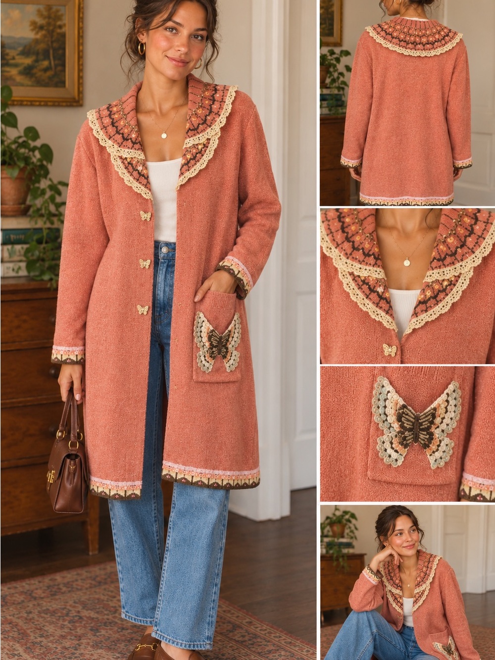Storybook Knits Vintage Coral Pink Crochet-Trim Butterfly Pocket Cardigan